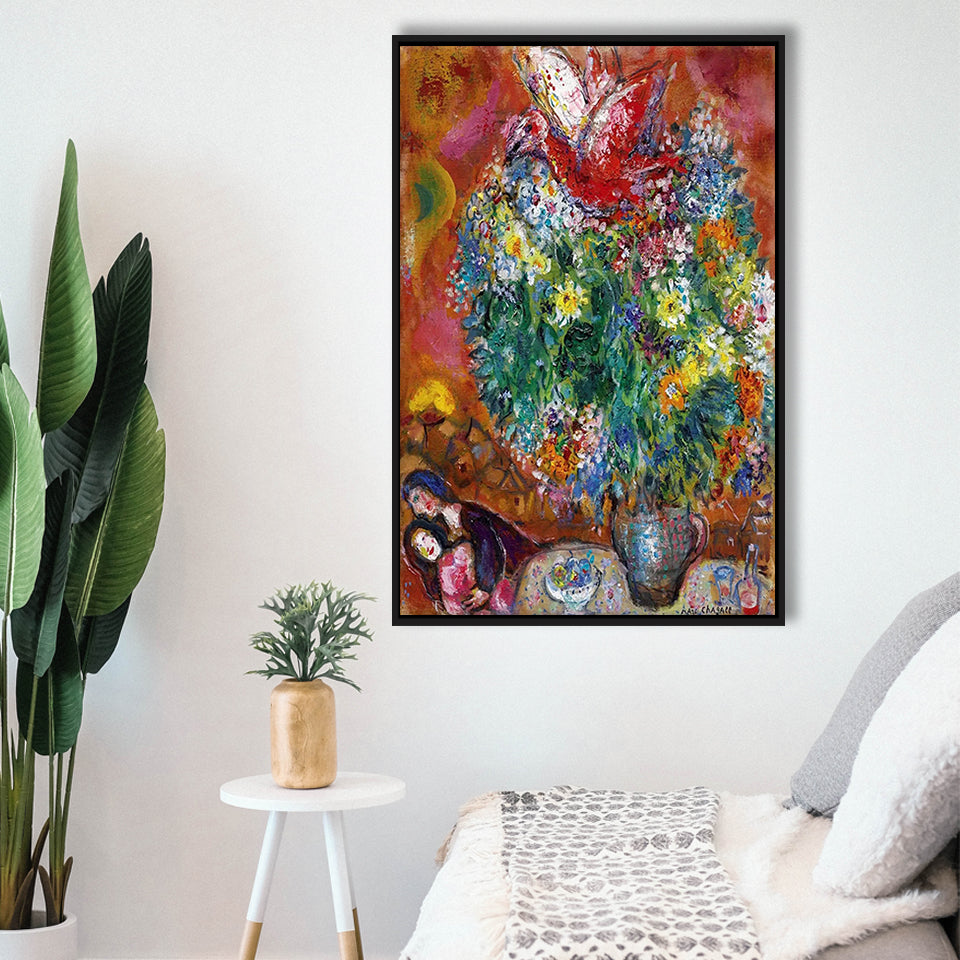 Marc Chagall Flowers And Lovers (1960) Canvas Art Painting Exhibition,Framed Canvas Prints Wall Art Decor, Floating Frame