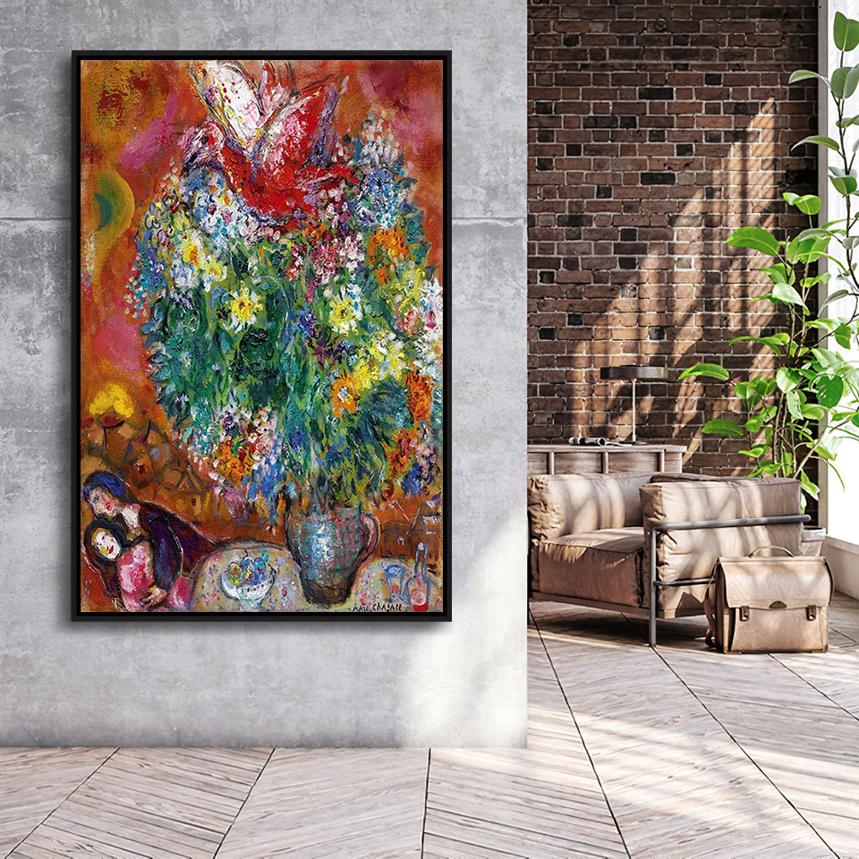 Marc Chagall Flowers And Lovers (1960) Canvas Art Painting Exhibition,Framed Canvas Prints Wall Art Decor, Floating Frame
