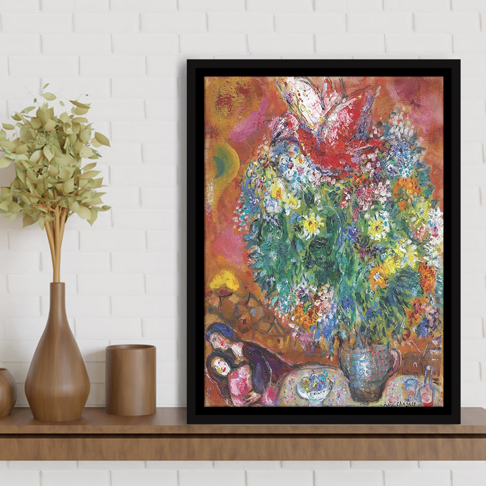 Marc Chagall Flowers And Lovers (1960) Canvas Art Painting Exhibition,Framed Canvas Prints Wall Art Decor, Floating Frame
