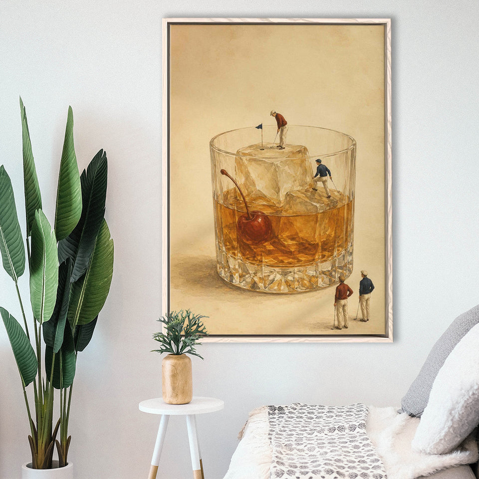 Martini Pool, Tiny Swimmers Cocktail Wall Art, Retro Olive Print, Framed Canvas Print, Floating Frame