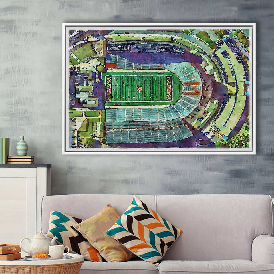 Maryland Stadium WaterColor Framed Canvas Prints, College Park Maryland Watercolor, Stadium Art Gifts, Floating Frame