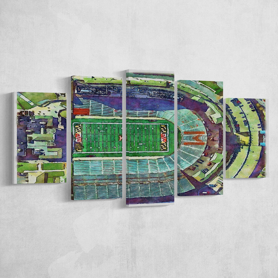 Maryland Stadium WaterColor 5 Panels Mix Canvas Prints, College Park Maryland Watercolor, Large Stadium Canvas