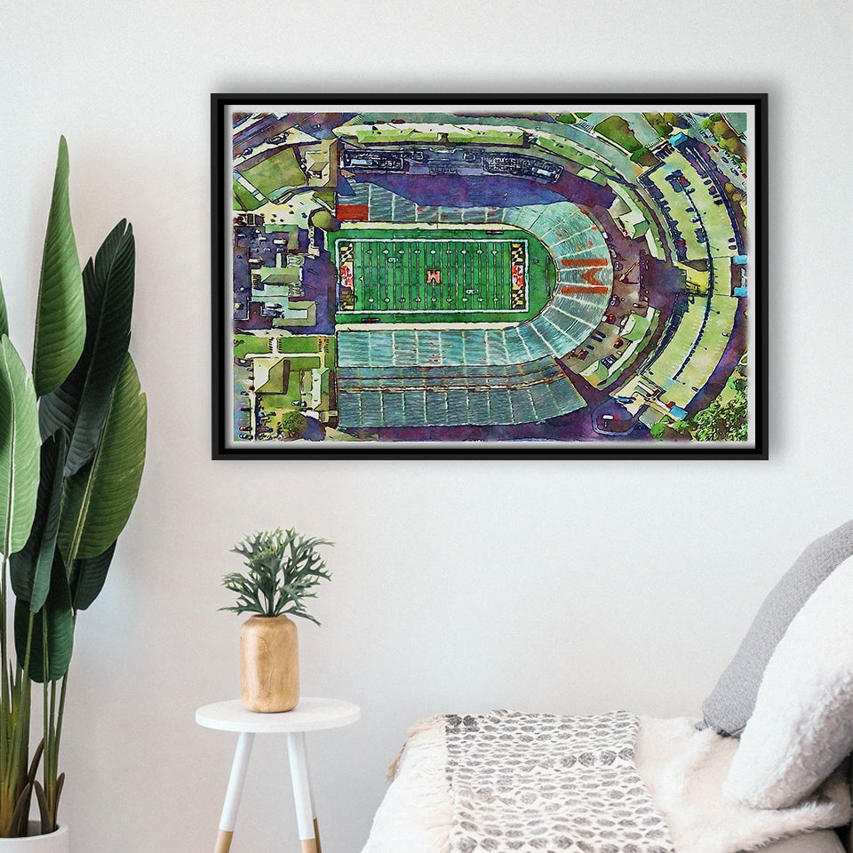 Maryland Stadium WaterColor Framed Canvas Prints, College Park Maryland Watercolor, Stadium Art Gifts, Floating Frame