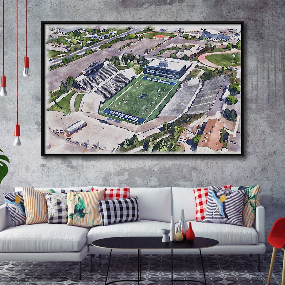 Maverik Stadium WaterColor Framed Canvas Prints, Logan Utah Watercolor, Stadium Art Gifts, Floating Frame