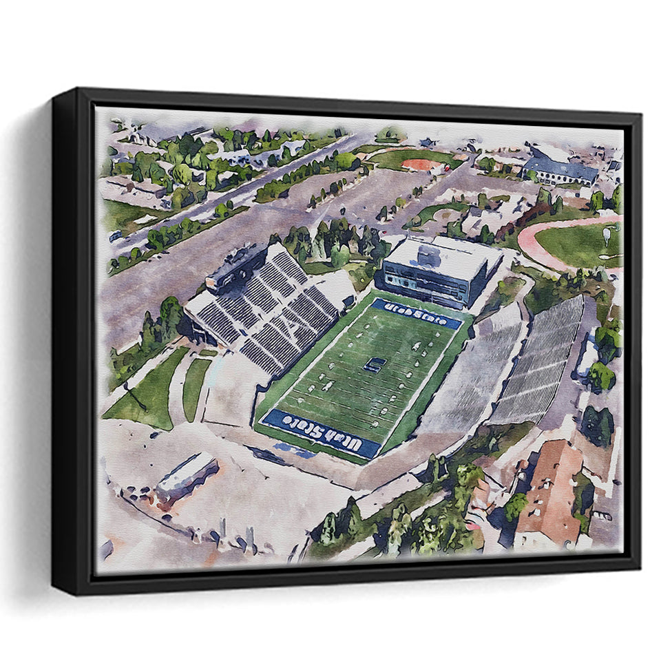Maverik Stadium WaterColor Framed Canvas Prints, Logan Utah Watercolor, Stadium Art Gifts, Floating Frame