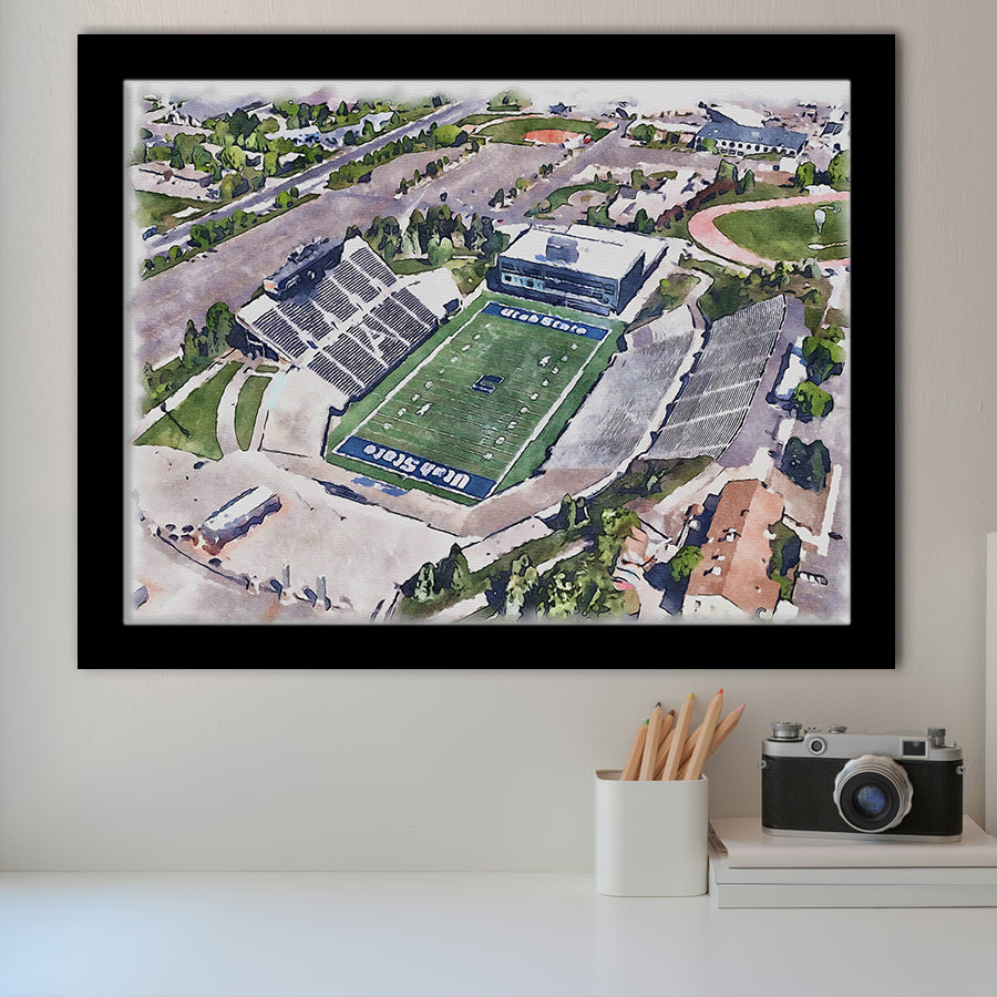 Maverik Stadium WaterColor Framed Art Prints, Logan Utah Watercolor, Stadium Art Gifts