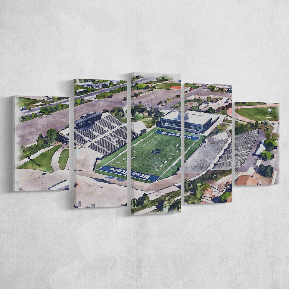 Maverik Stadium WaterColor 5 Panels Mix Canvas Prints, Logan Utah Watercolor, Large Stadium Canvas