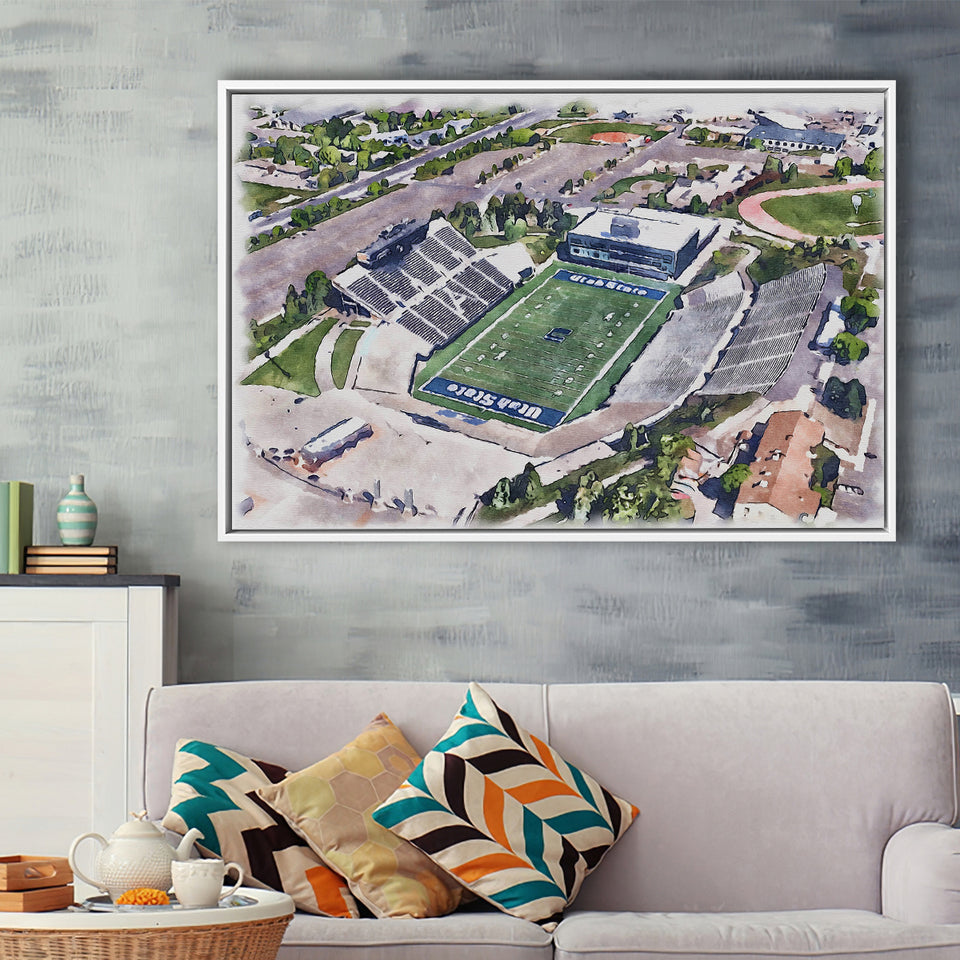 Maverik Stadium WaterColor Framed Canvas Prints, Logan Utah Watercolor, Stadium Art Gifts, Floating Frame