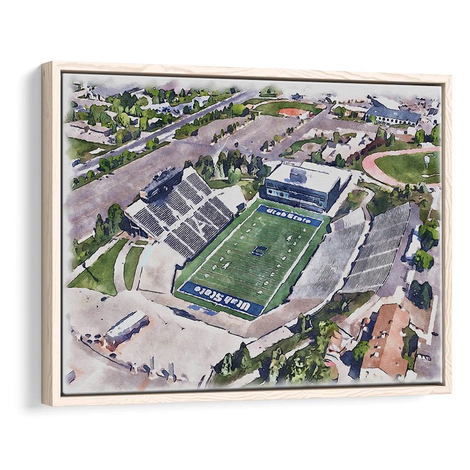 Maverik Stadium WaterColor Framed Canvas Prints, Logan Utah Watercolor, Stadium Art Gifts, Floating Frame