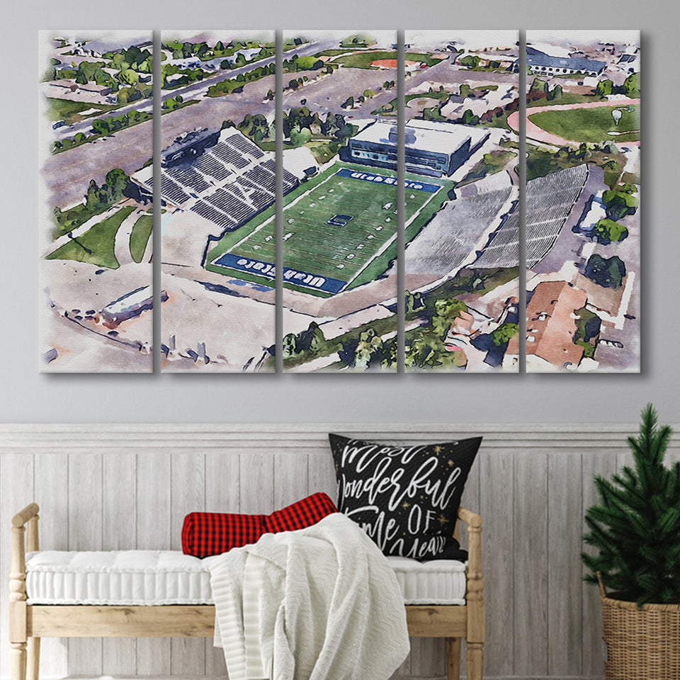 Maverik Stadium WaterColor 5 Panels B Mixed Canvas Prints, Extra Large, Logan Utah Watercolor