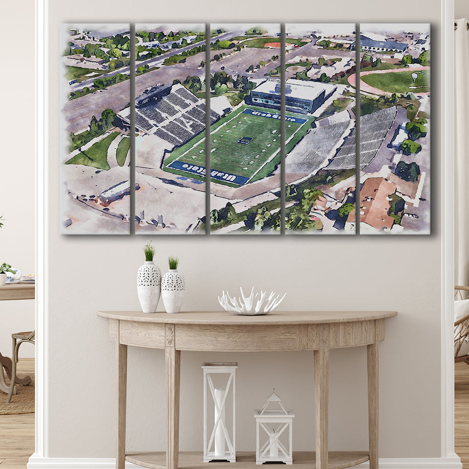 Maverik Stadium WaterColor 5 Panels B Mixed Canvas Prints, Extra Large, Logan Utah Watercolor