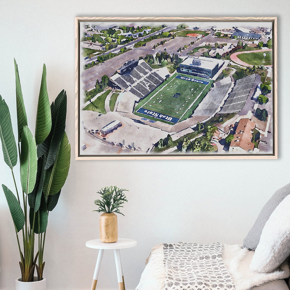 Maverik Stadium WaterColor Framed Canvas Prints, Logan Utah Watercolor, Stadium Art Gifts, Floating Frame