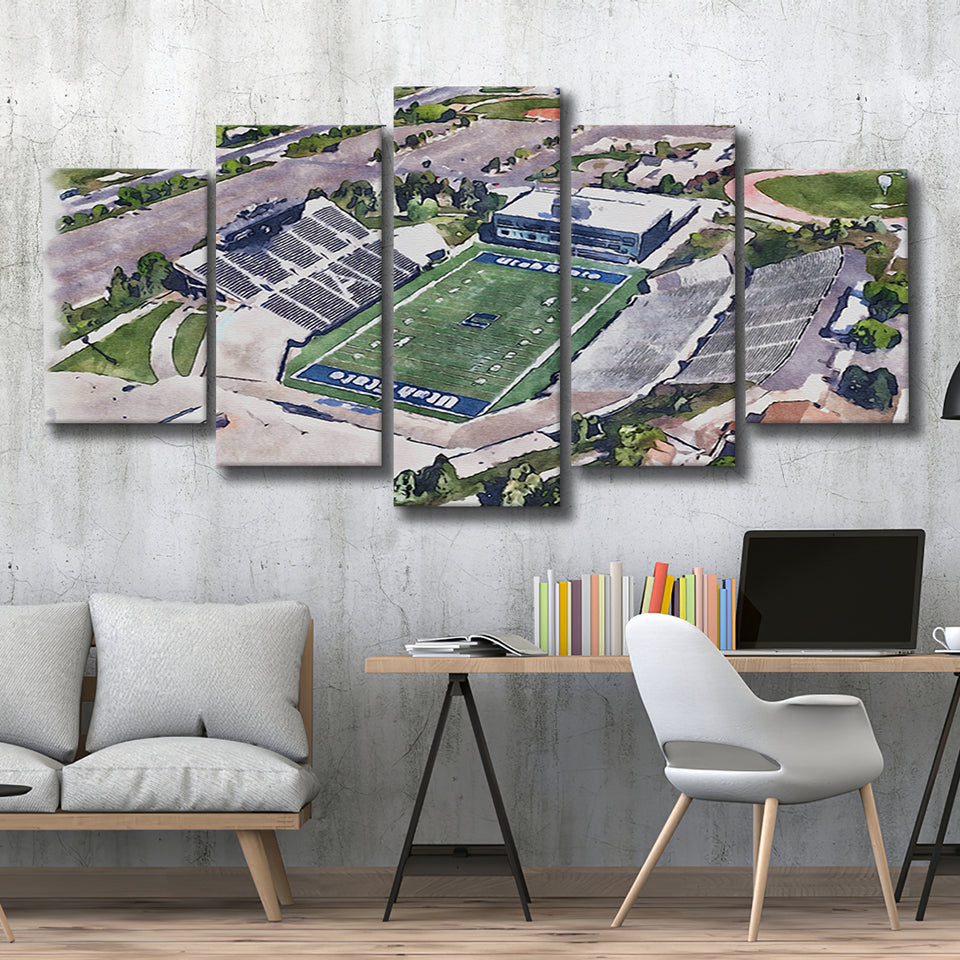 Maverik Stadium WaterColor 5 Panels Mix Canvas Prints, Logan Utah Watercolor, Large Stadium Canvas