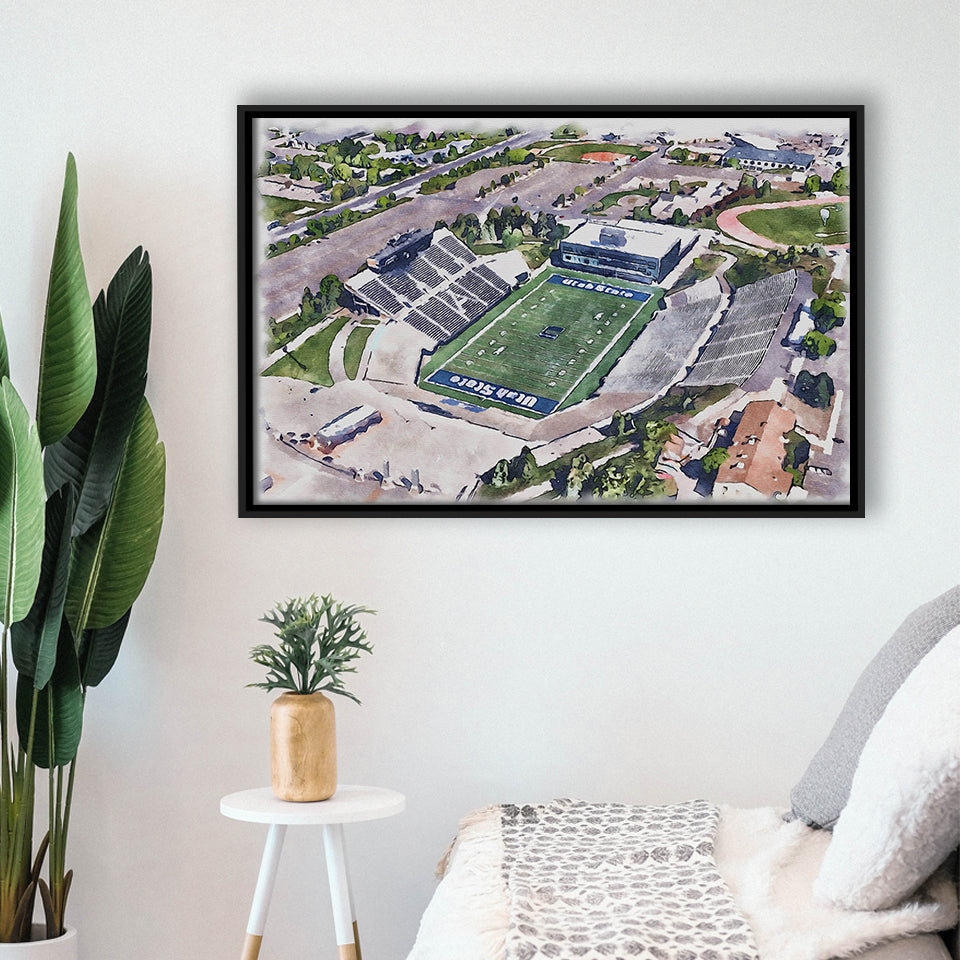 Maverik Stadium WaterColor Framed Canvas Prints, Logan Utah Watercolor, Stadium Art Gifts, Floating Frame