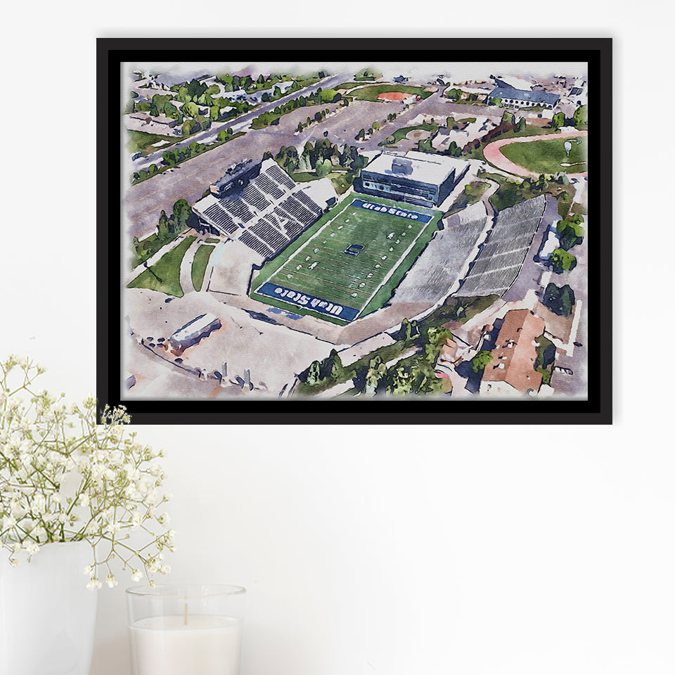 Maverik Stadium WaterColor Framed Canvas Prints, Logan Utah Watercolor, Stadium Art Gifts, Floating Frame