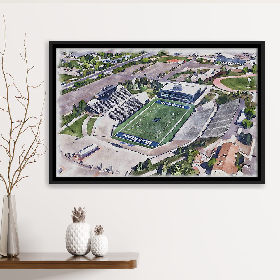Maverik Stadium WaterColor Framed Canvas Prints, Logan Utah Watercolor, Stadium Art Gifts, Floating Frame