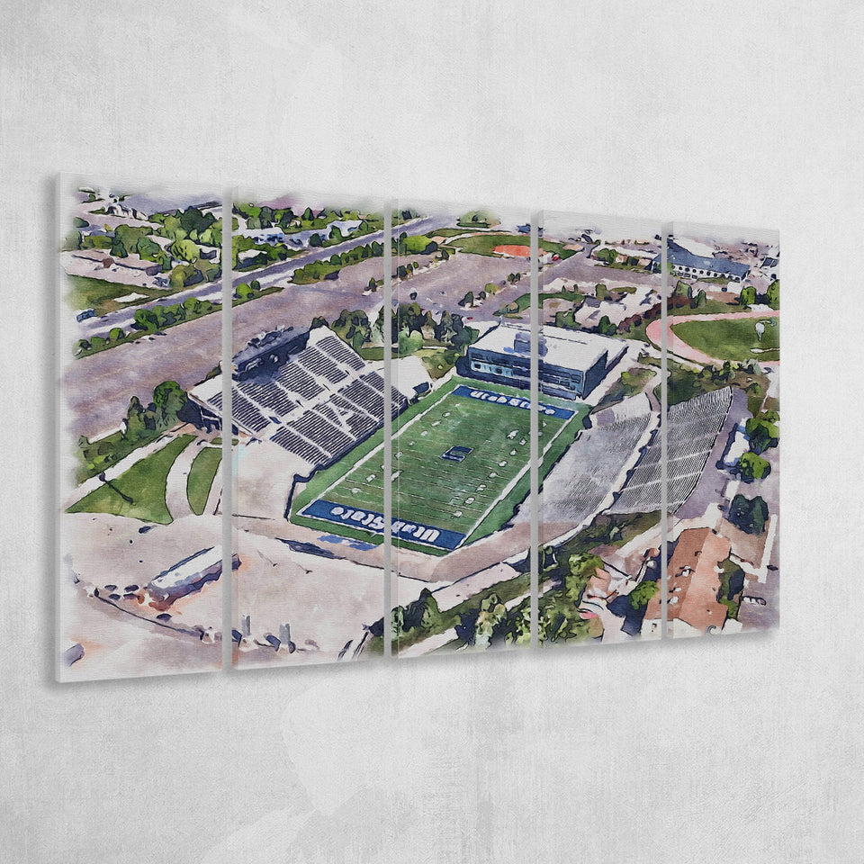 Maverik Stadium WaterColor 5 Panels B Mixed Canvas Prints, Extra Large, Logan Utah Watercolor