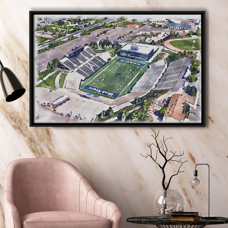 Maverik Stadium WaterColor Framed Canvas Prints, Logan Utah Watercolor, Stadium Art Gifts, Floating Frame