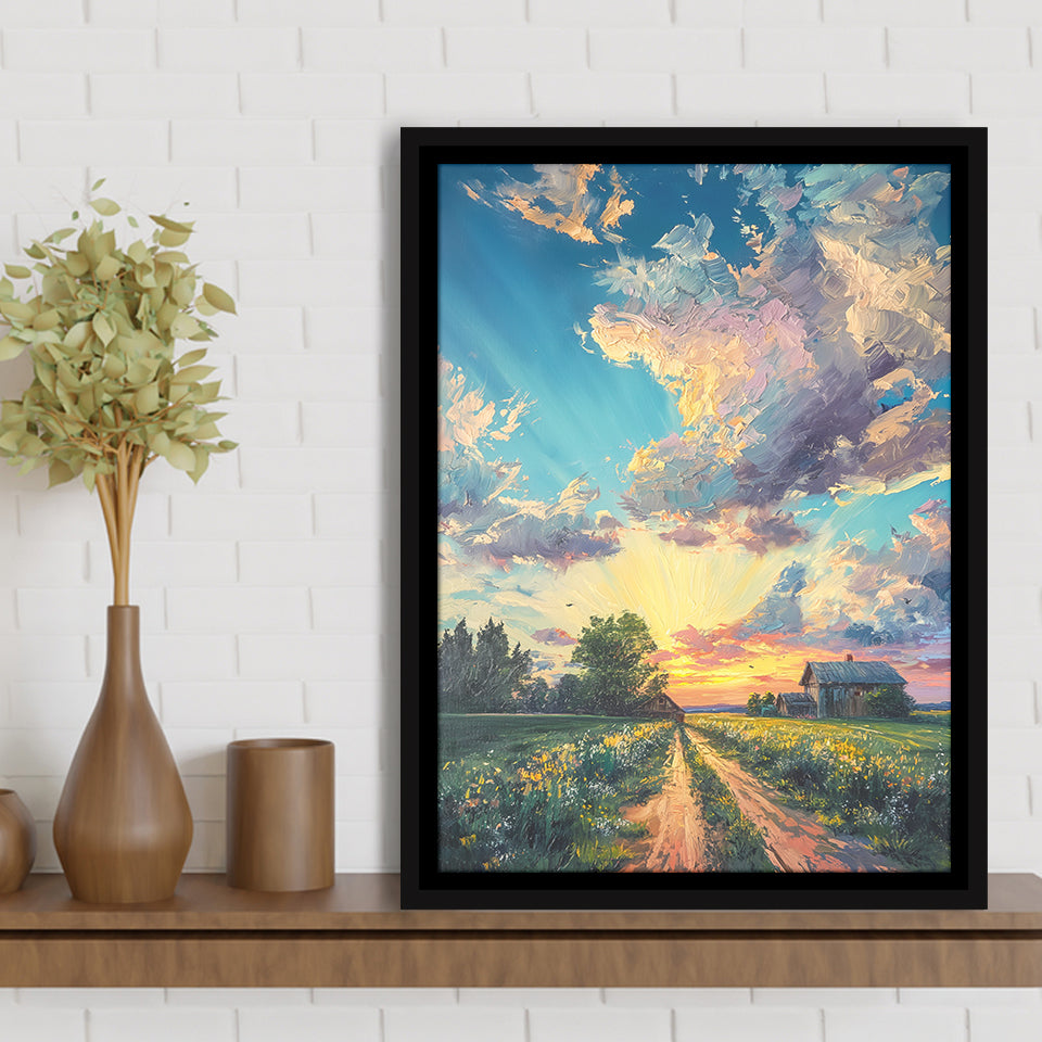 Melancholy Pastel Lemon Clouds in Sunset Garden, Framed Canvas Prints Wall Art Decor, Floating Frame