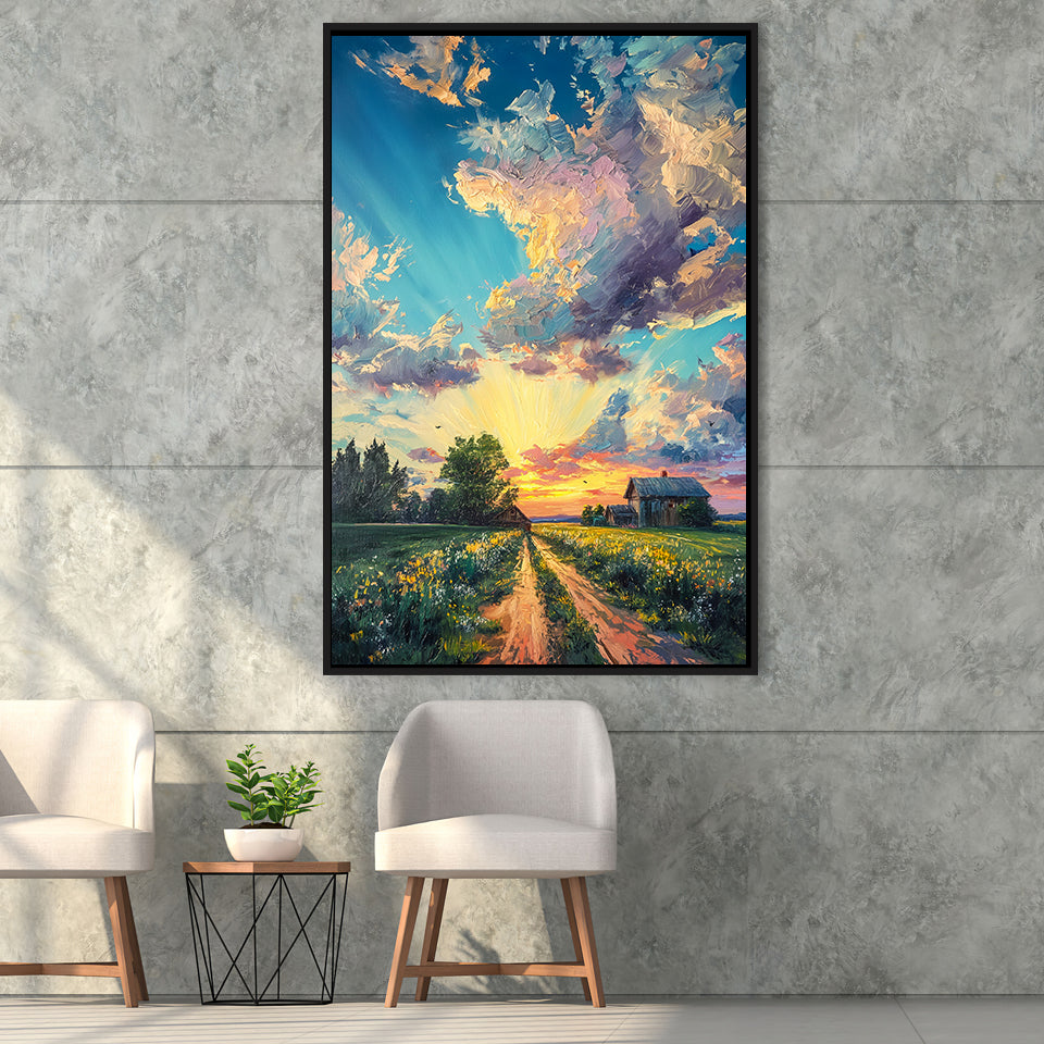 Melancholy Pastel Lemon Clouds in Sunset Garden, Framed Canvas Prints Wall Art Decor, Floating Frame