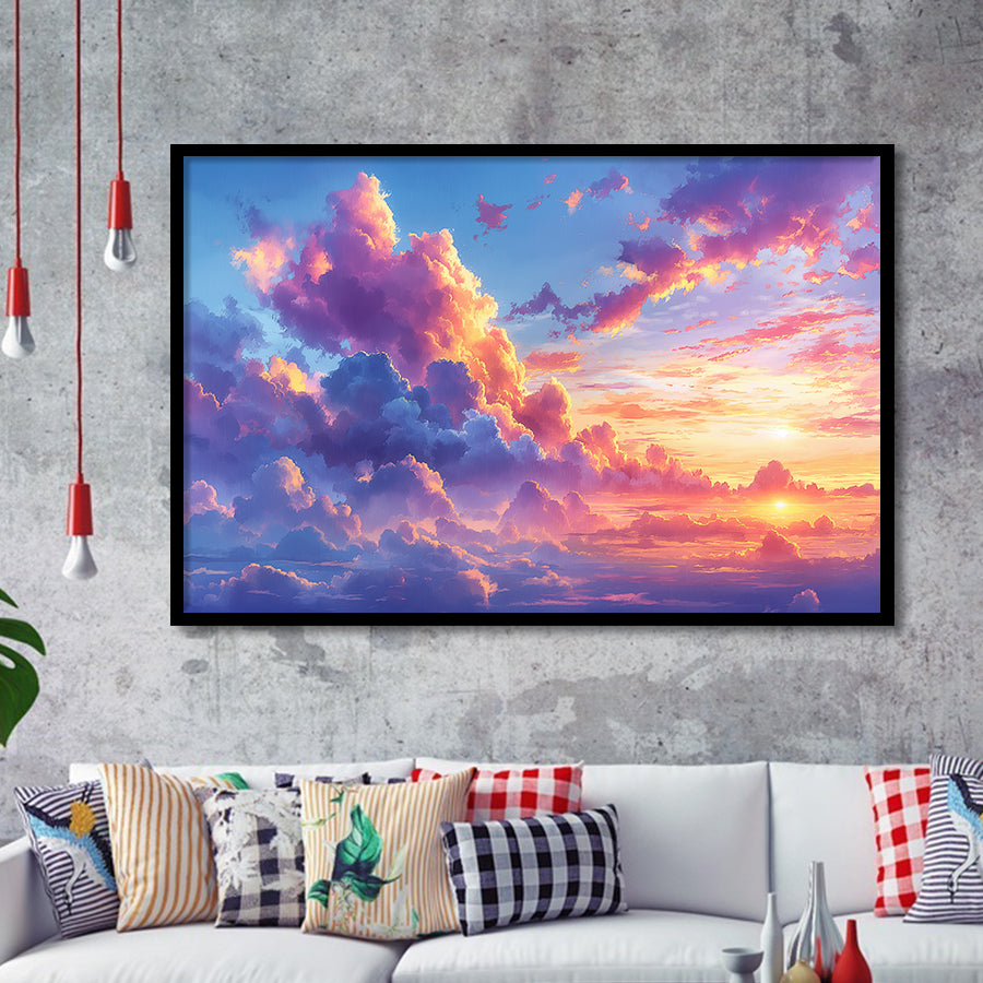 Melancholy Pastel Lemon Pink Clouds, Painting Art, Framed Art Print Wall Art Home Decor