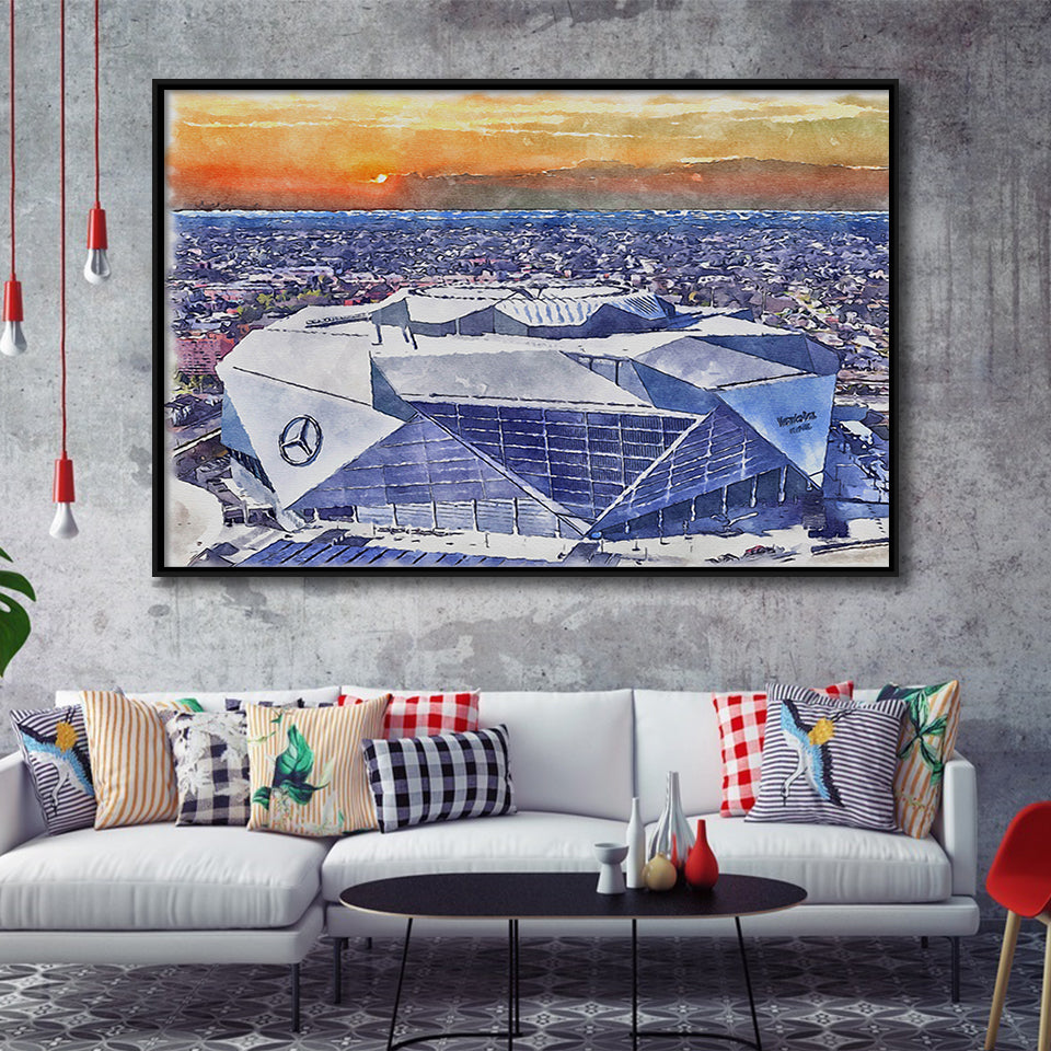 Mercedes-Benz Stadium WaterColor Framed Canvas Prints, Atlanta Georgia Watercolor, Stadium Art Gifts, Floating Frame