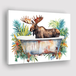 Moose In Bathtub Bathroom Print Tropical Leave, Bathroom Art Decor Canvas Prints Wall Art, Animal Bathroom Art