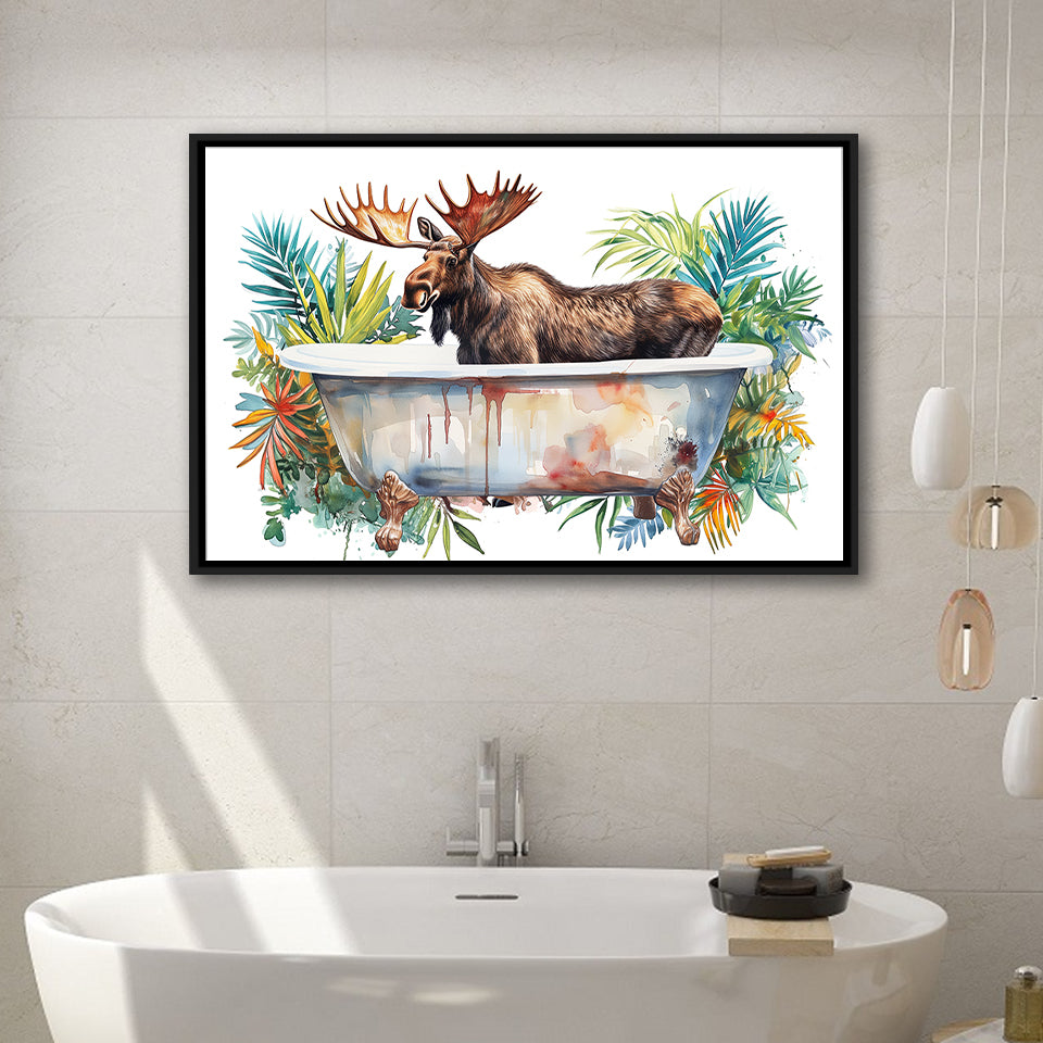 Moose In Bathtub Bathroom Print Tropical Leave, Bathroom Art Decor Framed Canvas Prints Wall Art,Floating Frame