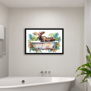 Moose In Bathtub Bathroom Print Tropical Leave, Bathroom Art Decor Framed Canvas Prints Wall Art,Floating Frame