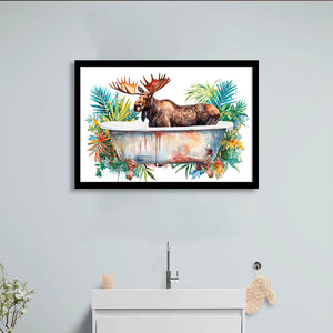 Moose In Bathtub Bathroom Print Tropical Leave, Bathroom Art Decor Framed Art PrintsWall Art, Animal Bathroom Art
