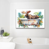 Moose In Bathtub Bathroom Print Tropical Leave, Bathroom Art Decor Canvas Prints Wall Art, Animal Bathroom Art