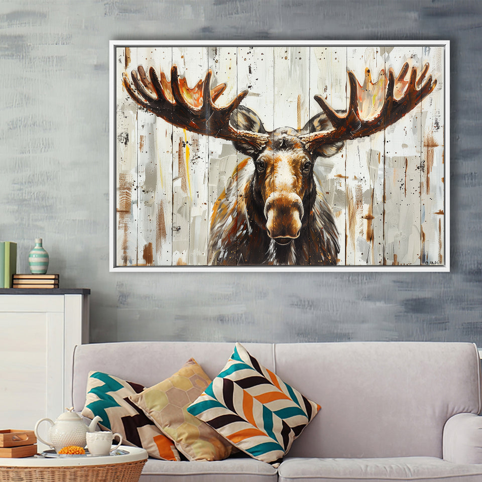 Moose Painted On Wood Background Rustic Art, Framed Canvas Print Wall Art Decor,Floating Frame