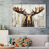 Moose Painted On Wood Background Rustic Art, Framed Canvas Print Wall Art Decor,Floating Frame
