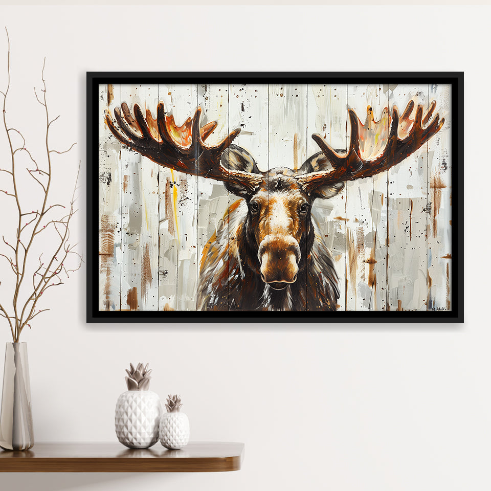 Moose Painted On Wood Background Rustic Art, Framed Canvas Print Wall Art Decor,Floating Frame