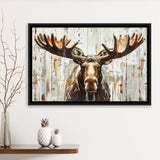 Moose Painted On Wood Background Rustic Art, Framed Canvas Print Wall Art Decor,Floating Frame