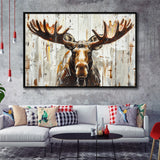 Moose Painted On Wood Background Rustic Art, Framed Canvas Print Wall Art Decor,Floating Frame