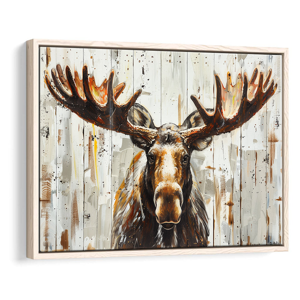 Moose Painted On Wood Background Rustic Art, Framed Canvas Print Wall Art Decor,Floating Frame