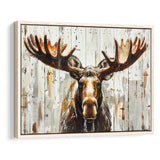 Moose Painted On Wood Background Rustic Art, Framed Canvas Print Wall Art Decor,Floating Frame