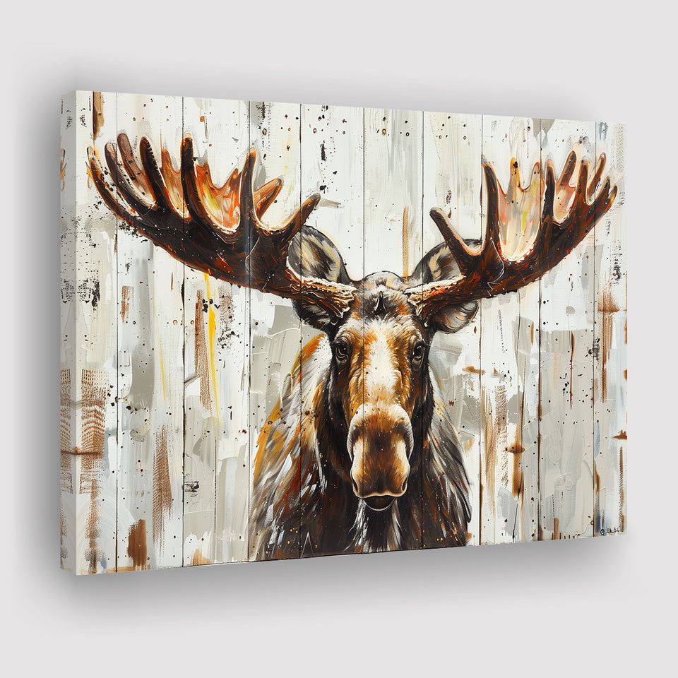 Moose Painted On Wood Background Rustic Art, Canvas Print Wall Art Decor, Landscape Art Print