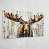Moose Painted On Wood Background Rustic Art, Extra Large Multi 5 Panel Canvas Print Wall Art Decor