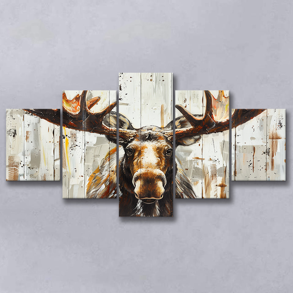 Moose Painted On Wood Background Rustic Art, Multi Panel Canvas Print Wall Art Decor, 5 Mixed Panel
