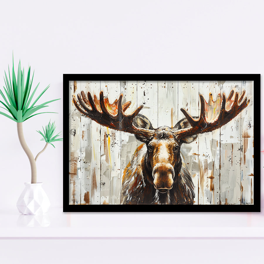 Moose Painted On Wood Background Rustic Art, Framed Art Print Wall Decor, Framed Picture