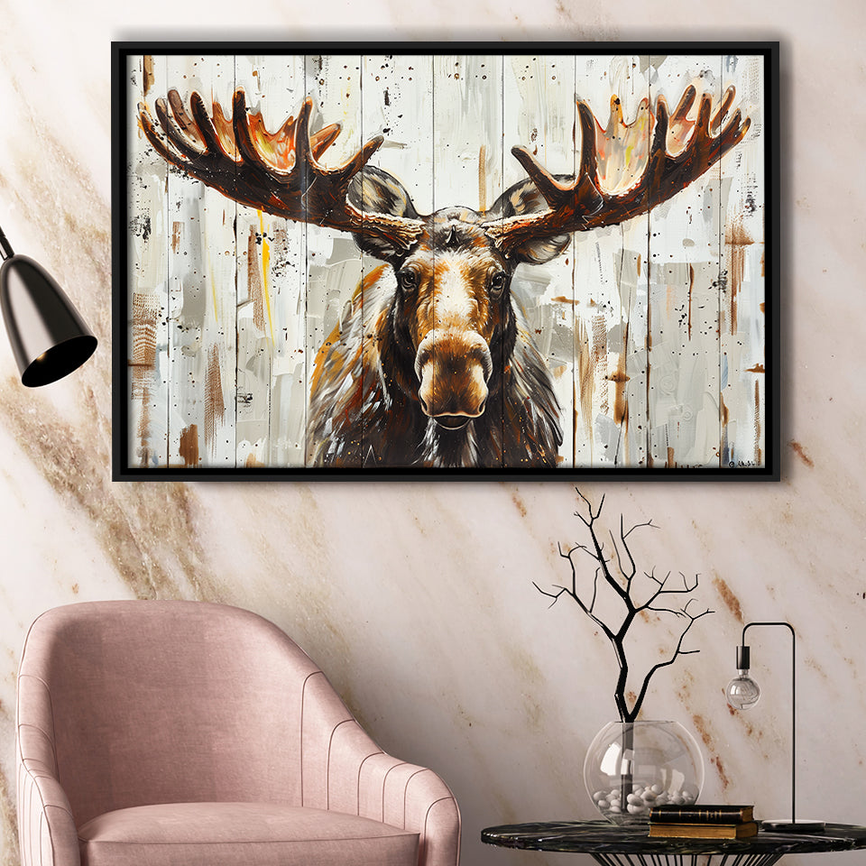 Moose Painted On Wood Background Rustic Art, Framed Canvas Print Wall Art Decor,Floating Frame