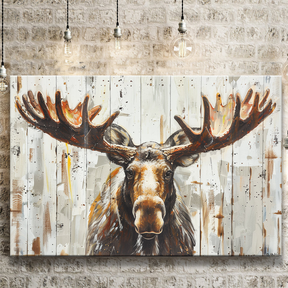 Moose Painted On Wood Background Rustic Art, Canvas Print Wall Art Decor, Landscape Art Print