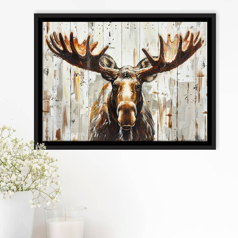 Moose Painted On Wood Background Rustic Art, Framed Canvas Print Wall Art Decor,Floating Frame