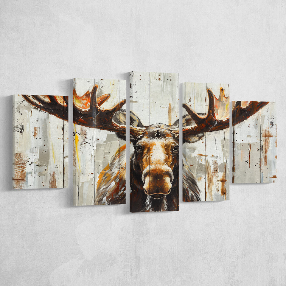 Moose Painted On Wood Background Rustic Art, Multi Panel Canvas Print Wall Art Decor, 5 Mixed Panel