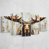 Moose Painted On Wood Background Rustic Art, Multi Panel Canvas Print Wall Art Decor, 5 Mixed Panel