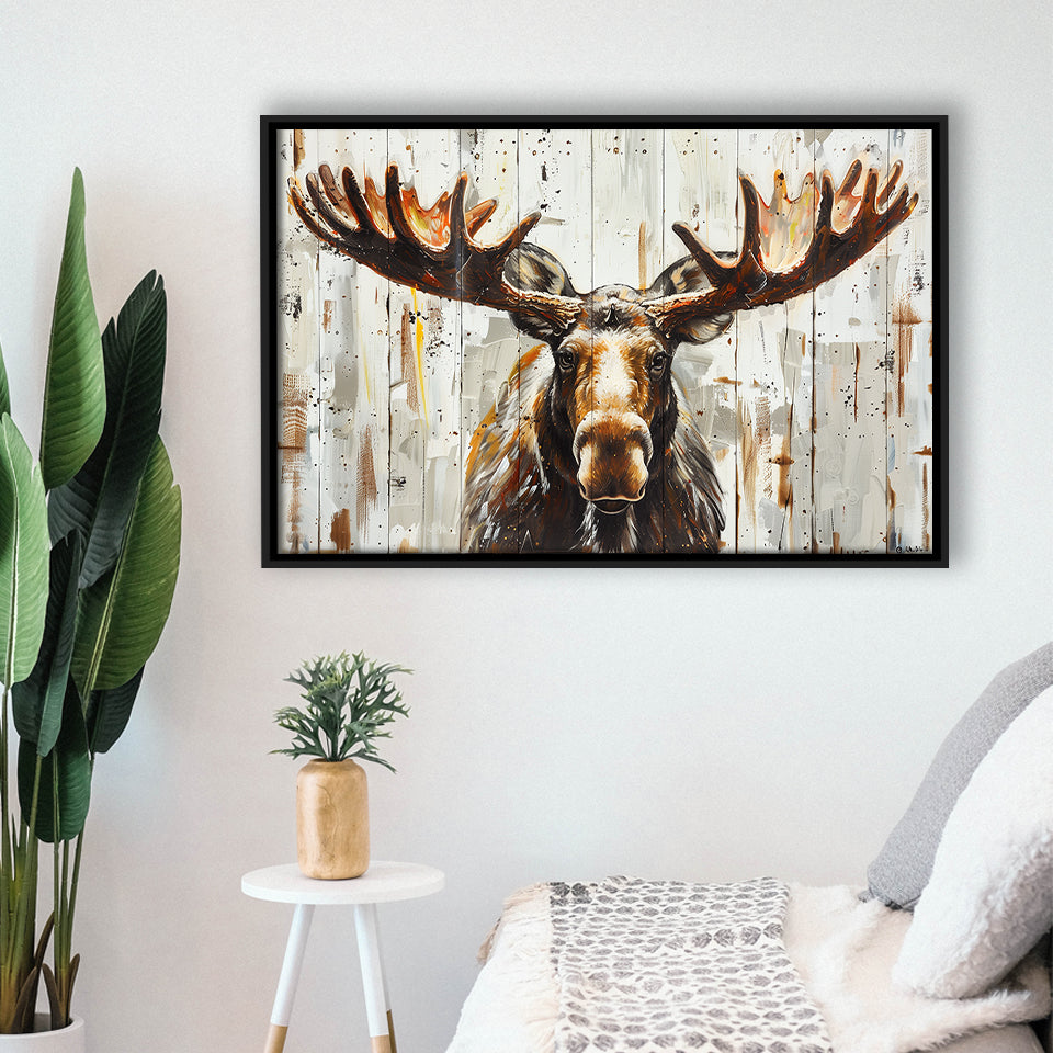 Moose Painted On Wood Background Rustic Art, Framed Canvas Print Wall Art Decor,Floating Frame
