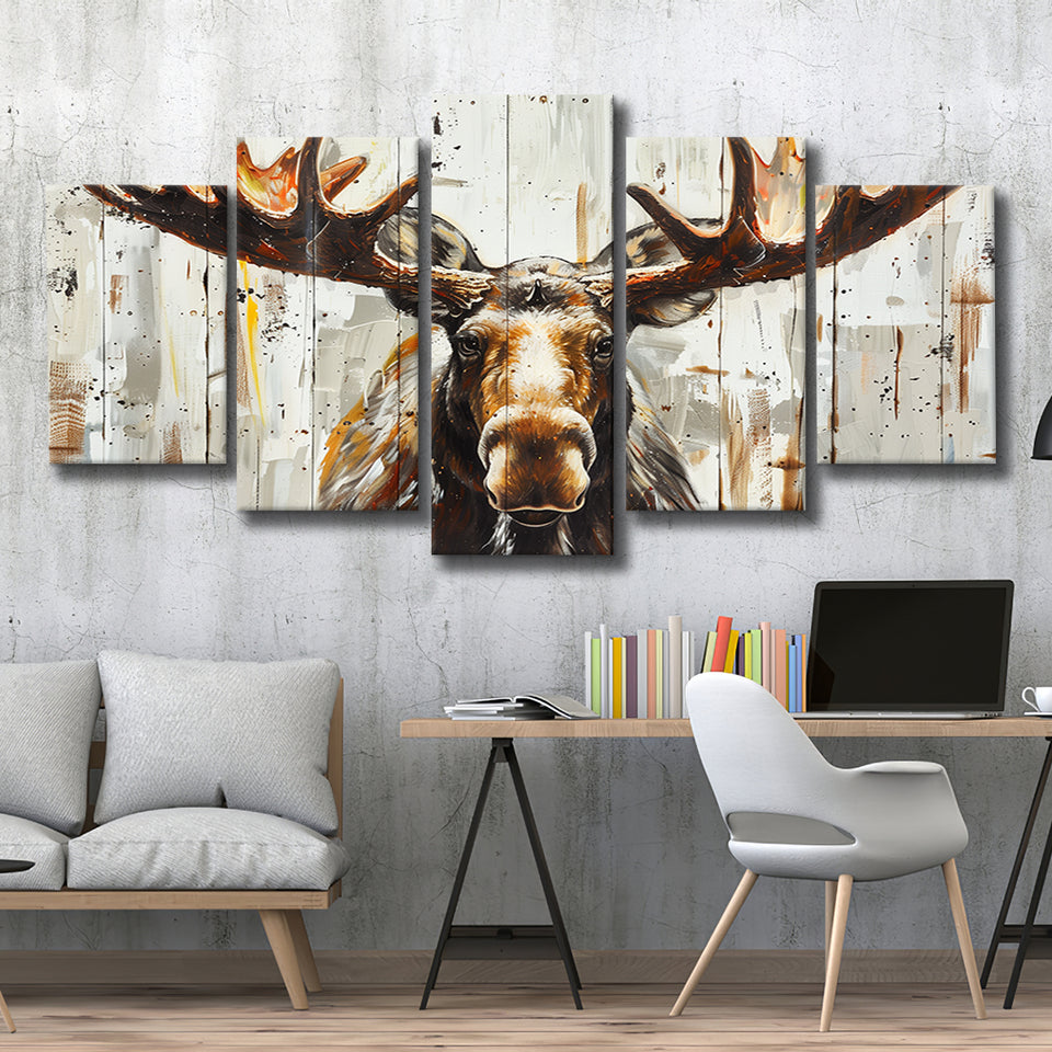 Moose Painted On Wood Background Rustic Art, Multi Panel Canvas Print Wall Art Decor, 5 Mixed Panel