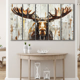 Moose Painted On Wood Background Rustic Art, Extra Large Multi 5 Panel Canvas Print Wall Art Decor